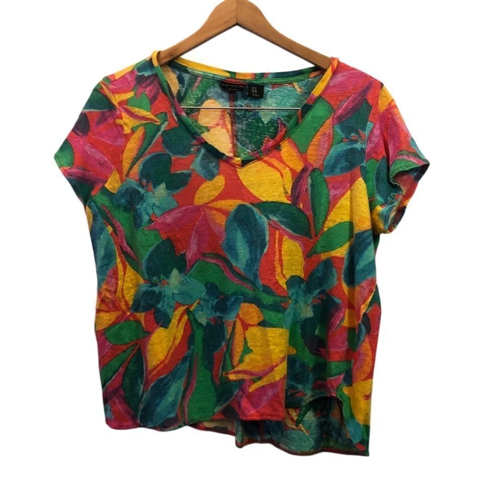 Tahari Women’s Tropical 100% Linen Shirt Cap Sleeves 1X Resort Vacation Tee